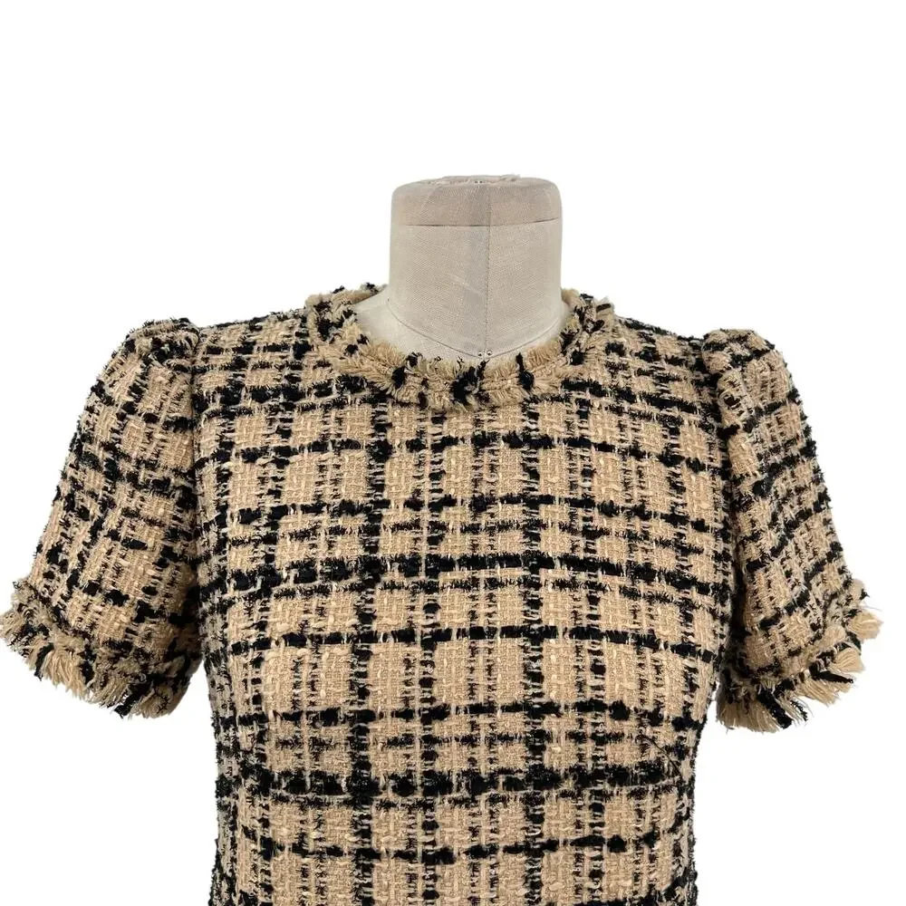 Kate Spade Two-Tone Tweed Dress Shift‎ Mini Check Plaid Tan Black Size US 2 - Picture 4 of 14